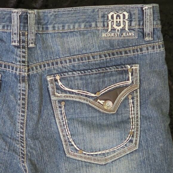 Mens Request Denim Jeans Embroidered 40x32 Leather Detail Back Patch Straight - Picture 1 of 14